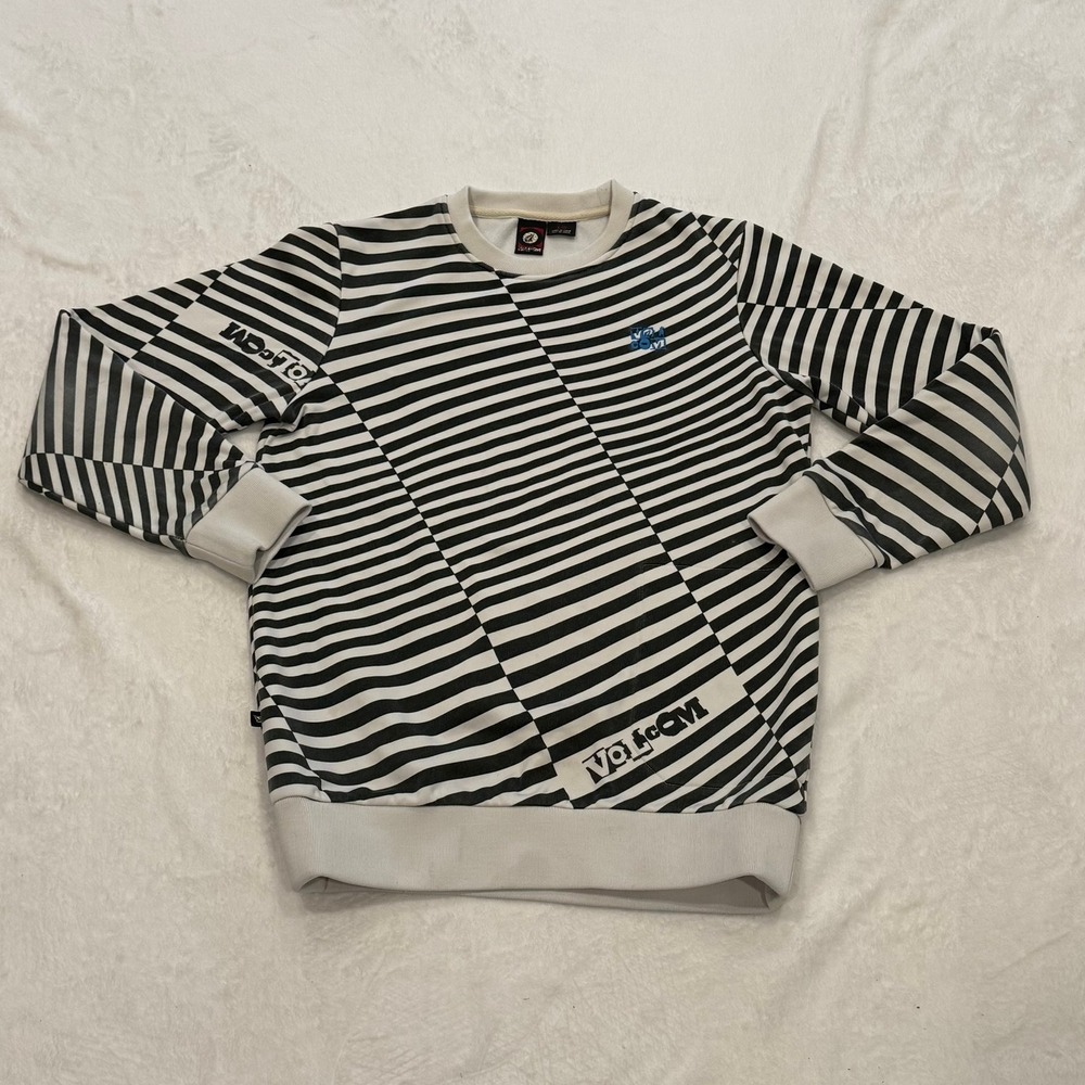 Volcom Large Crewneck Sweatshirt Black White Striped Pattern Skater Punk